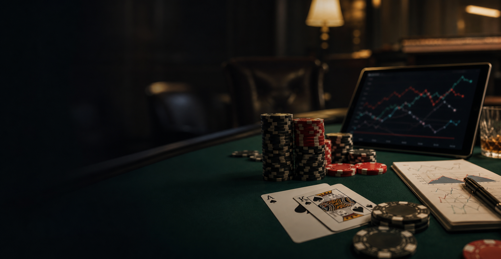 Poker chips, cards and analytics notes on a card-room table